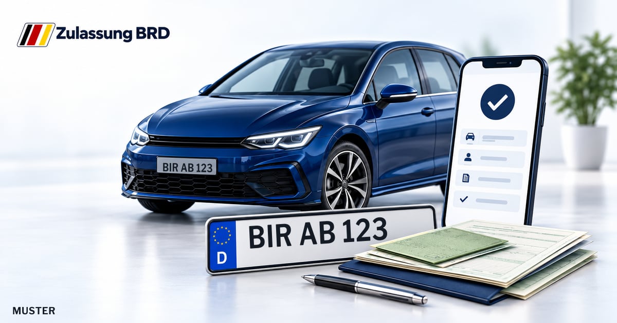 Online Fahrzeugzulassung in Birkenfeld: Musterkennzeichen BIR AB 123, Auto und Fahrzeugpapiere und Smartphone. Illustration mit Logo von Zulassung BRD.
